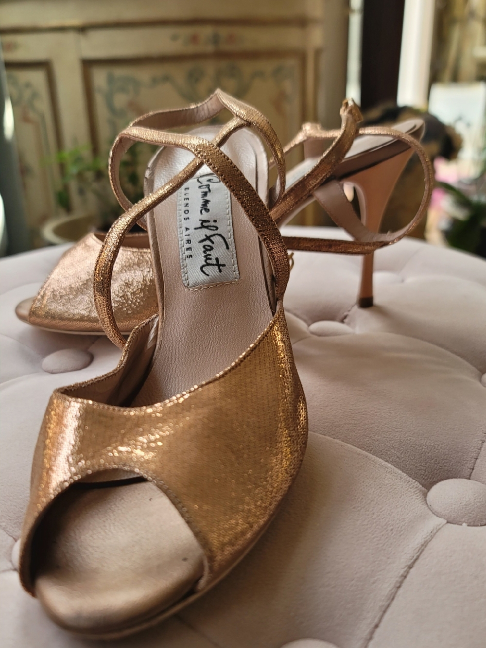 Women’s Metallic Rose Gold Strappy Peep-Toe Heels